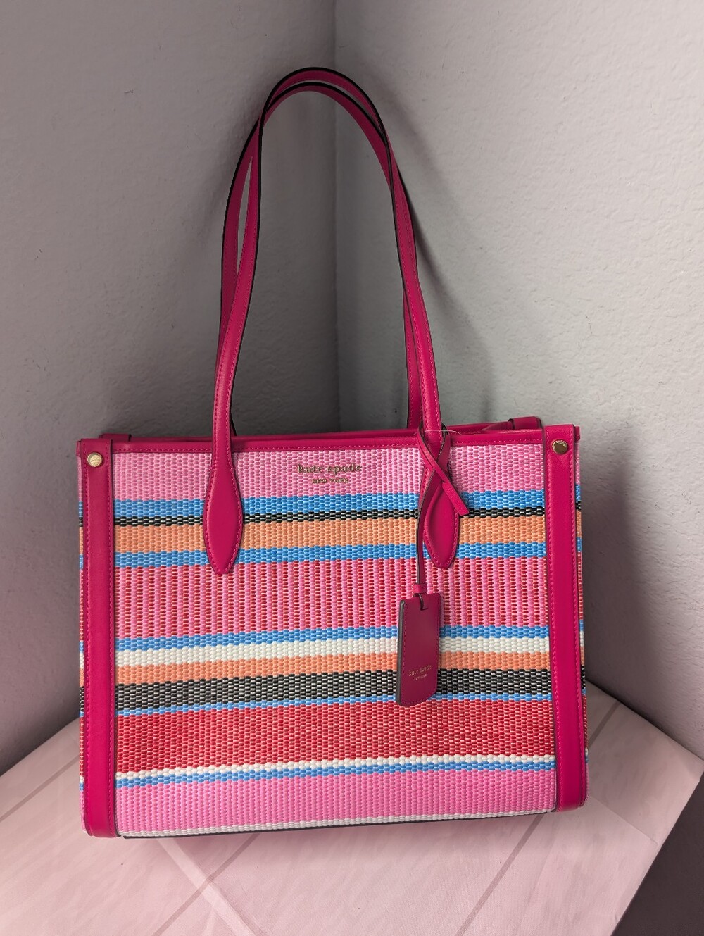 NWT Kate Spade KH362 Market Striped Woven Straw Medium Tote In Wild Raspberry